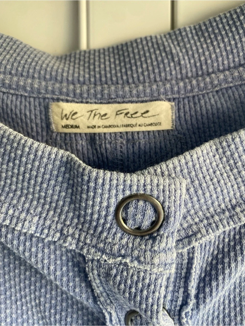 Free People We The Free Waffle Knit Henley Top Medium Blue Long Sleeve Thermal